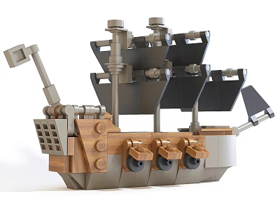 Creative Toy Ship Doll With Wooden Gray Structure Black Sails And Cannon Details 3d model