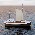 Classic Sailboat With White Sail And Brown Hull On Calm Blue Water