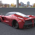 Luxury Red Sports Car Front View With Headlights On And Modern Building