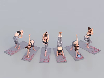 Women Practicing Different Yoga Poses On Gray Mats With Red Patterns Indoors 3d model