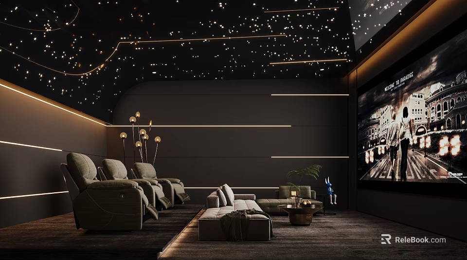 Home Theater Interior With Starry Ceiling Dark Walls Recliner Chairs And Large Projection Screen 3d model 
