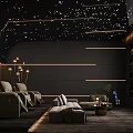 Home Theater Interior With Starry Ceiling Dark Walls Recliner Chairs And Large Projection Screen