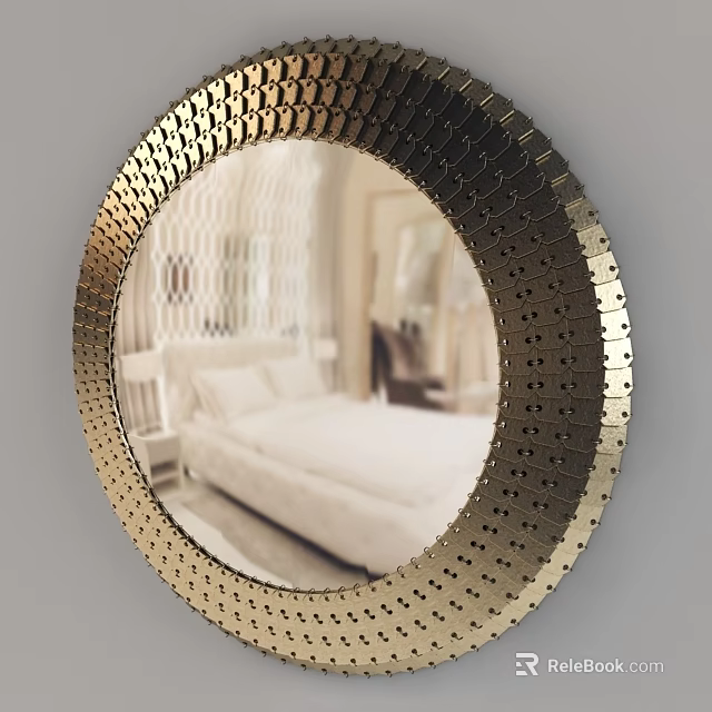 Round Gold Mirror With Intricate Perforated Frame Reflecting Elegant Bedroom Interior 3d model 