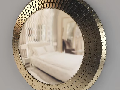 Round Gold Mirror With Intricate Perforated Frame Reflecting Elegant Bedroom Interior 3d model