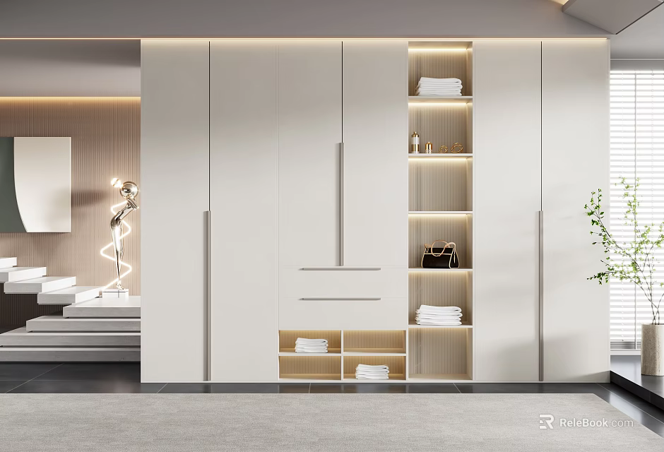 Modern White Wardrobe Interior Design With Open Storage Shelves And Drawers 3d model 