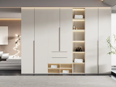 Modern White Wardrobe Interior Design With Open Storage Shelves And Drawers 3d model