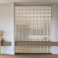 Modern Glass Block Partition In Interior Design With Sculpture And Wooden Flooring