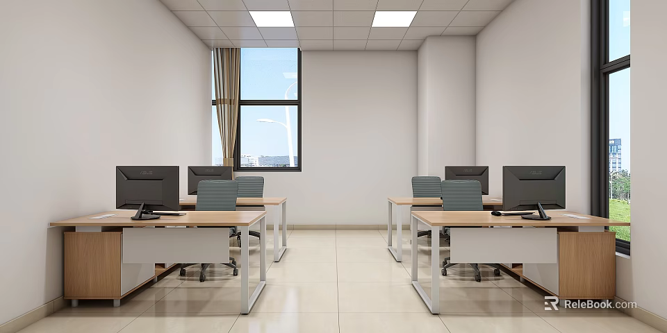Modern Office Interior With Desks Computer Monitors Chairs And Large Window 3d model