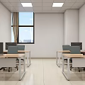 Modern Office Interior With Desks Computer Monitors Chairs And Large Window 3d model