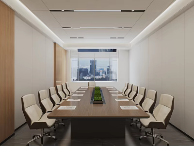 Modern Conference Room Interior Design With Long Table White Chairs And City View Windows 3d model