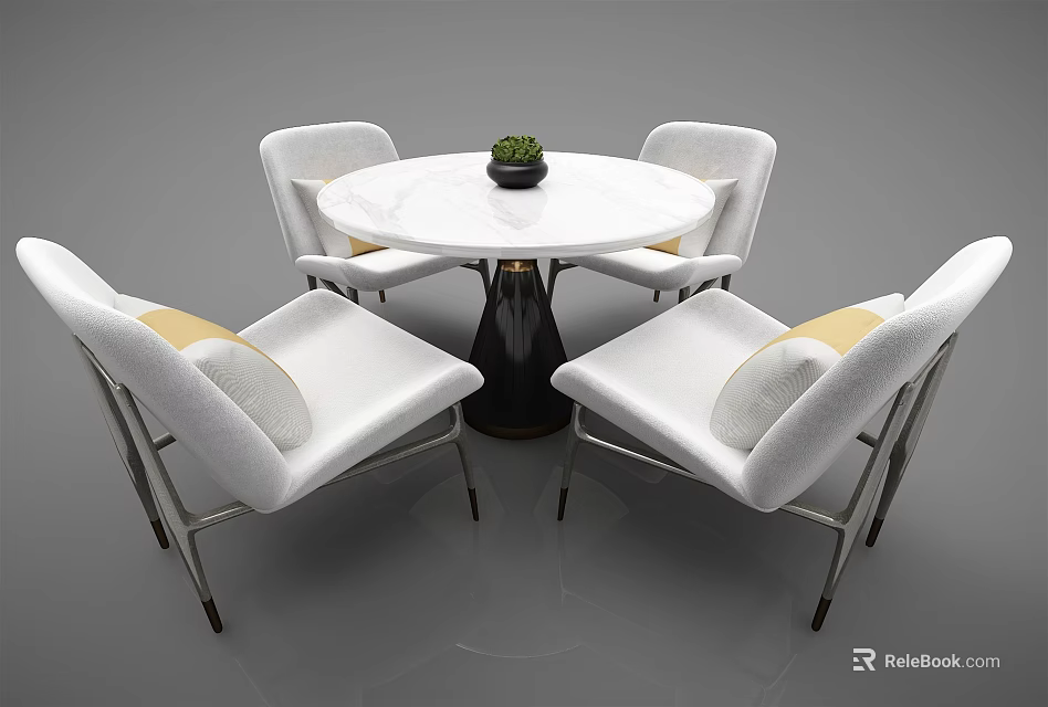 Modern Dining Table Set With Round White Tabletop Four Padded White Chairs And Metal Legs 3d model 
