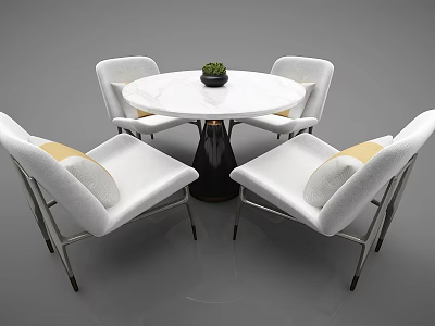 Modern Dining Table Set With Round White Tabletop Four Padded White Chairs And Metal Legs 3d model