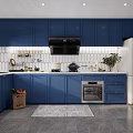 Modern Blue Kitchen Interior With White Tiled Backsplash Cabinets And Refrigerator 3d model