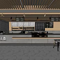 Modern Café Interior Design With Wooden Ceiling Menu Boards Counter Marble Floor And Stools