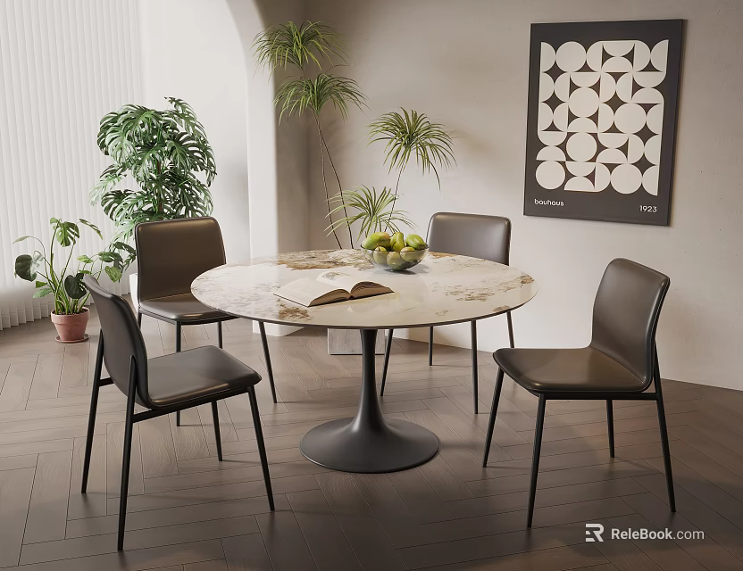 Modern Dining Table Set with Round Marble Top Black Chairs and Decorative Plants Wall Art 3d model 