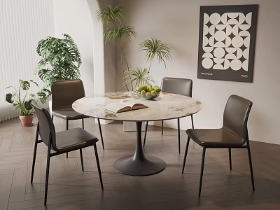 Modern Dining Table Set with Round Marble Top Black Chairs and Decorative Plants Wall Art 3d model