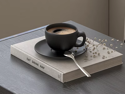 Black Coffee Cup on EAT DRINK MAP Book with Spoon and Dried Flowers on Table 3d model