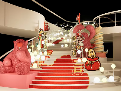Festive Celebration Scene With Red Stairs Pink Bear Fu Character And Lanterns 3d model