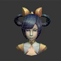 3D Anime Style Child Model With Blue Hair Double Ponytails And Golden Horn Accessories