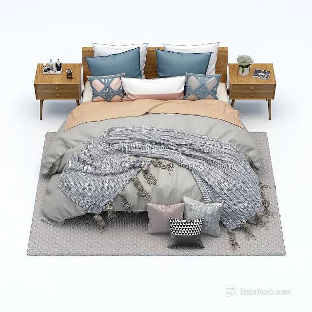 Cozy Double Bed with Multiple Pillows Soft Blanket and Side Nightstands on Patterned Rug 3d model