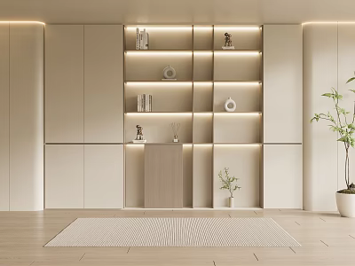 Modern Bookcase With LED Lighting And Layered Shelves In Minimalist Interior Design 3d model