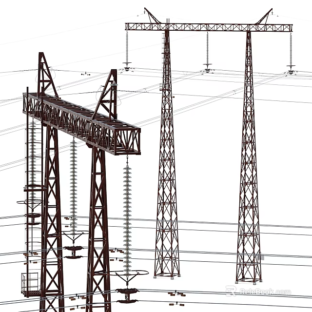 Industrial Electrical Power Transmission Equipment with Steel Lattice Towers and High Voltage Lines 3d model 