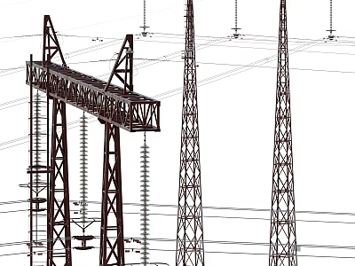 Industrial Electrical Power Transmission Equipment with Steel Lattice Towers and High Voltage Lines 3d model