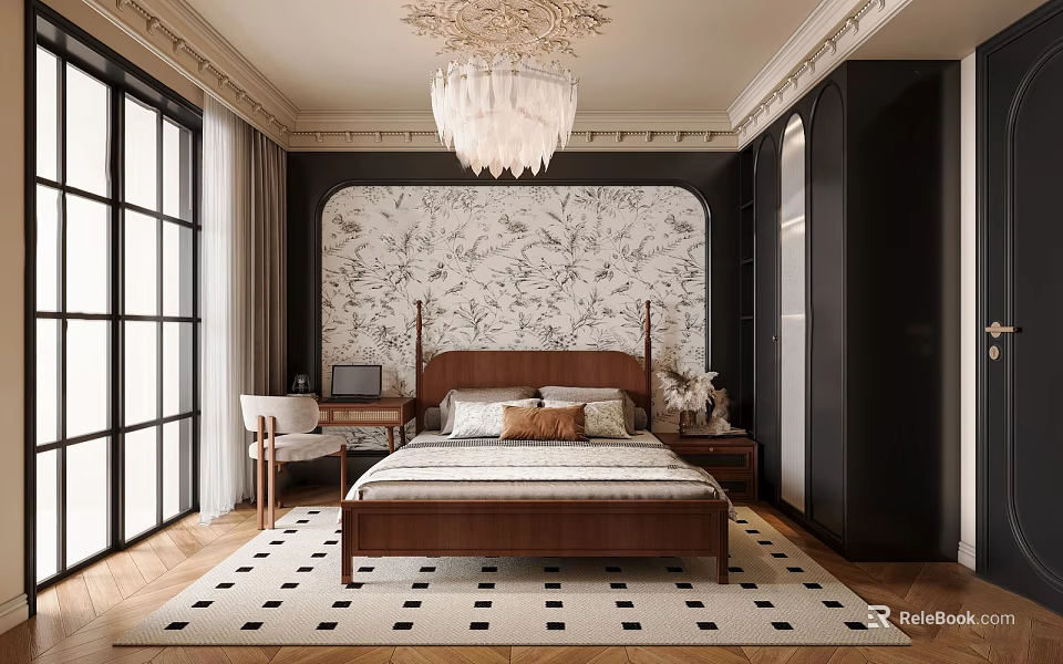 Elegant Modern Bedroom With Wooden Bed Crystal Chandelier Patterned Wallpaper And Geometric Rug 3d model 