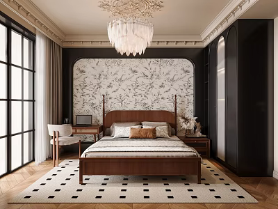Elegant Modern Bedroom With Wooden Bed Crystal Chandelier Patterned Wallpaper And Geometric Rug 3d model