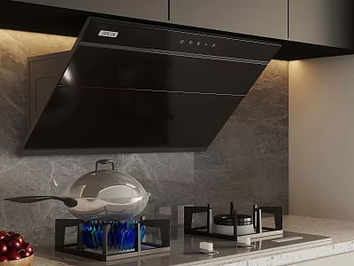 Modern Kitchen Interior Featuring Black Range Hood Marble Backsplash Gas Stove And Silver Wok 3d model