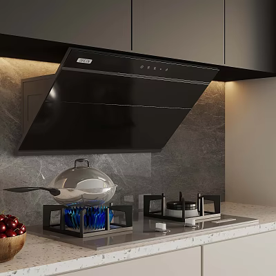 Modern Kitchen Interior Featuring Black Range Hood Marble Backsplash Gas Stove And Silver Wok 3d model