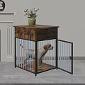 Decorative Ornament Set with Puppy Figurine Flower Pot Wooden Drawer Cabinet Metal Cage and Flowers