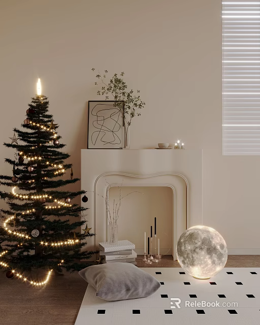 Decorative Ornament Combination with Christmas Tree Fireplace Framed Art Plant Candles Moon Decoration and Books 3d model 