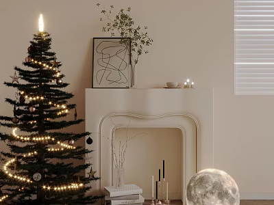 Decorative Ornament Combination with Christmas Tree Fireplace Framed Art Plant Candles Moon Decoration and Books 3d model