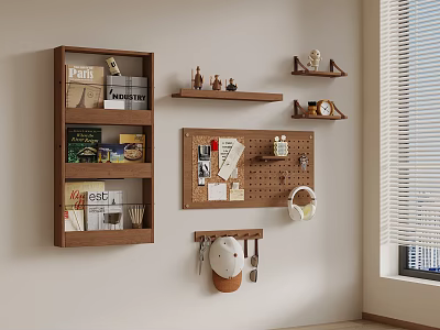 Organized Wall Storage With Wooden Shelves Cork Board Books Hooks And Decorations 3d model