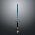 Ornate Fantasy Sword With Blue Blade Golden Accents And Black Hilt