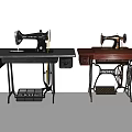 Vintage Sewing Machine Decorative Ornament Set with Black Table and Brown Table 3d model