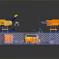 Modern Industrial Automation Workspace With Robotic Arms Blue Pipes And Metal Fences