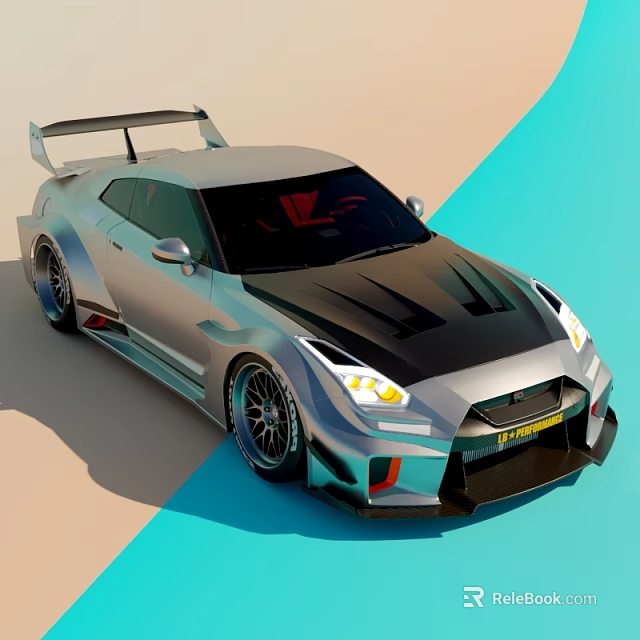 Sleek Silver Sports Car With Black Hood Stripes Large Rear Spoiler And Yellow Headlights 3d model 