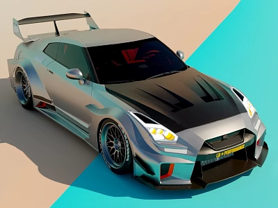 Sleek Silver Sports Car With Black Hood Stripes Large Rear Spoiler And Yellow Headlights 3d model