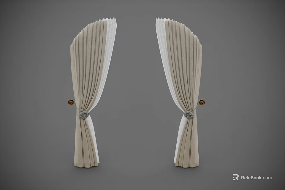 Elegant Pleated Light Beige Curtains With Symmetrical Design And Decorative Tiebacks 3d model 