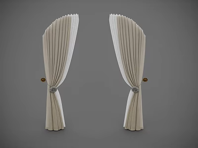 Elegant Pleated Light Beige Curtains With Symmetrical Design And Decorative Tiebacks 3d model