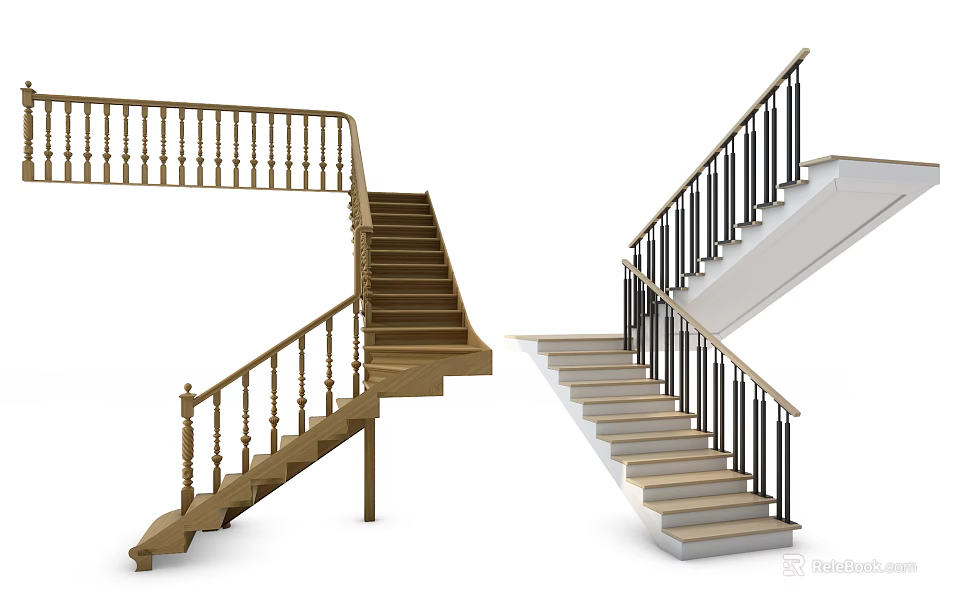 Classic Wooden Stairs With Golden Railing And Modern White Stairs With Black Railing 3d model 