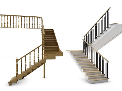 Classic Wooden Stairs With Golden Railing And Modern White Stairs With Black Railing 3d model
