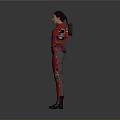 Character In Red Tactical Costume With Arms Outstretched On Gray Background