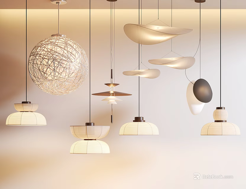 Modern Pendant Lighting Combinations With Woven Sphere Sleek Disc And Various Stylish Designs 3d model 