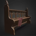 Wooden Public Bench With Gothic Carved Design Red Cloth And Books On Seat