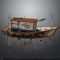 Old Red and White Rusty Model Boat with Ladder on Wooden Supports