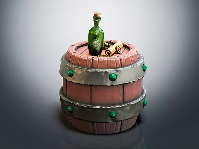 Decorative Ornament Set with Wooden Barrel Base Green Bottle Rolled Scrolls and Silver Rings 3d model