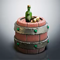 Decorative Ornament Set with Wooden Barrel Base Green Bottle Rolled Scrolls and Silver Rings
